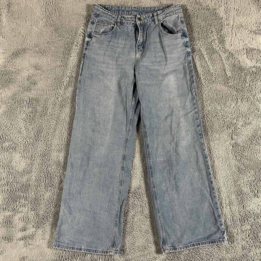 HDLTE Jeans Womens Medium Blue Denim High Rise Whiskered Wide Leg Streetwear